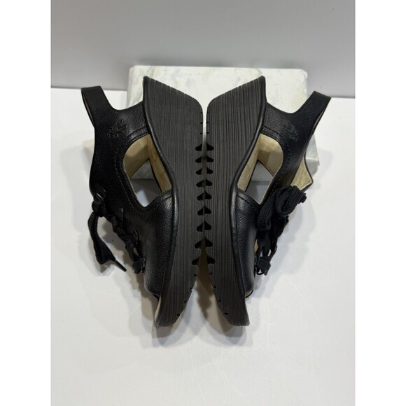 Fly London Ylfa Slingback Wedge Black Leather Lace Tie Women Sandals Sz 9 EU 40 - Picture 7 of 13